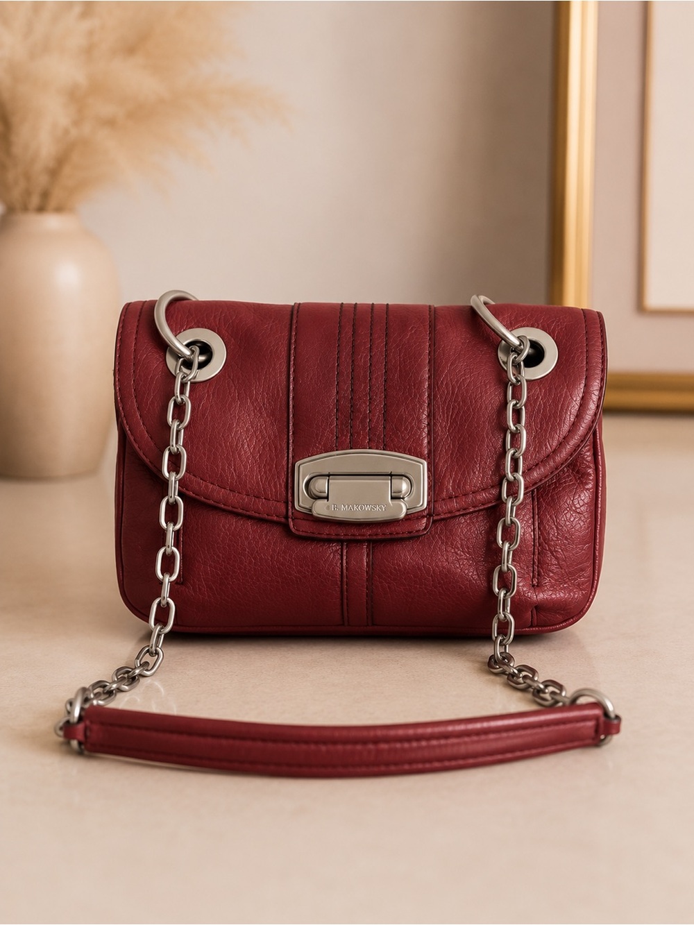 B. Makowsky Burgundy Pebbled Leather Crossbody Bag Silver Chain Purse